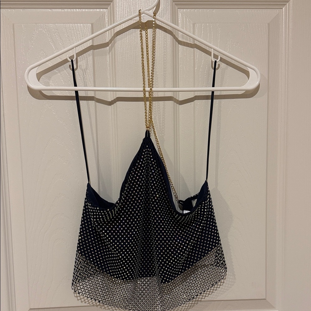 Navy rhinestone Mesh halter crop top